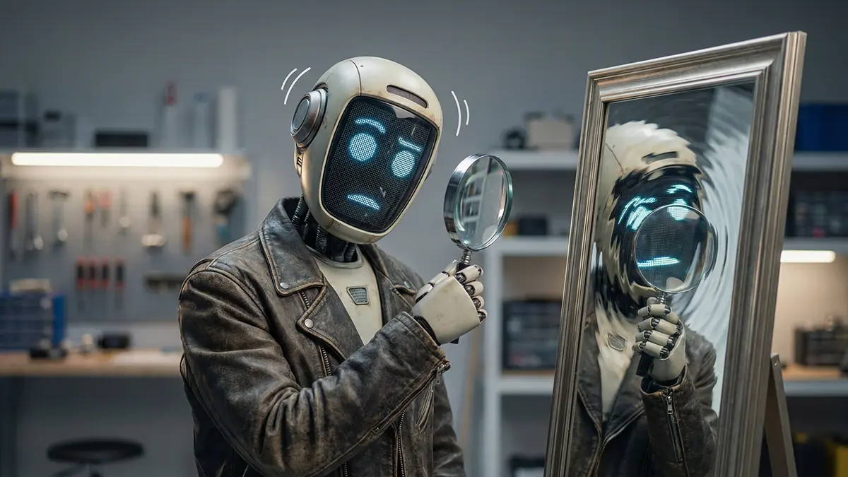 Ein Roboter untersucht sich selbst im Spiegel